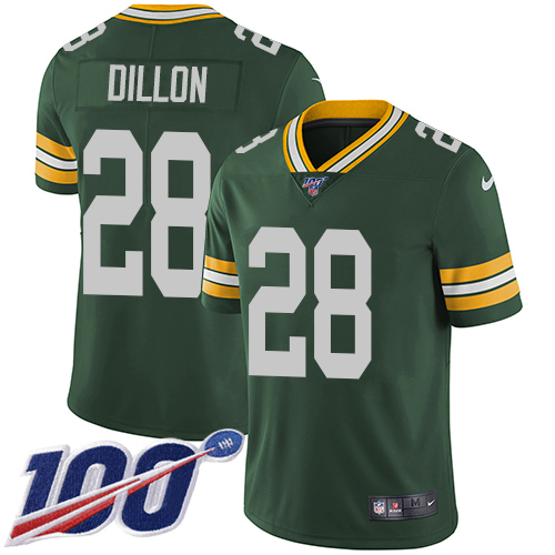 Packers #28 AJ Dillon Green Team Color Youth Stitched 100th Season Vapor Untouchable Limited Jersey