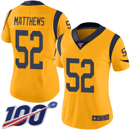 Los Angeles Rams #52 Clay Matthews Gold Women's Stitched Limited Rush 100th Season Jersey Womens