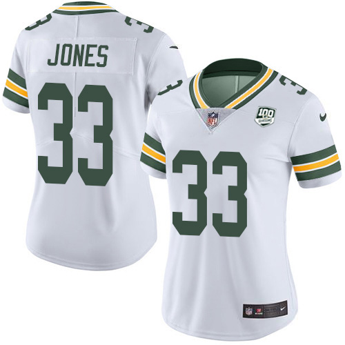 Packers #33 Aaron Jones White Women's 100th Season Stitched Vapor Untouchable Limited Jersey