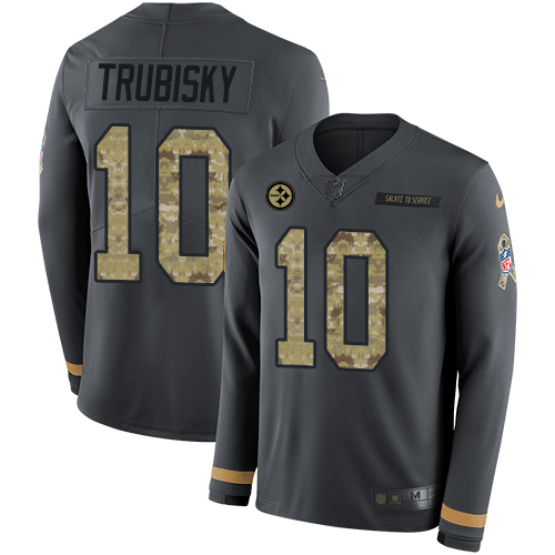 Steelers #10 Mitchell Trubisky Anthracite Salute To Service Men's Stitched Limited Therma Long Sleeve Jersey
