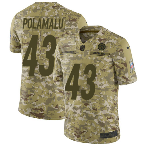 Steelers #43 Troy Polamalu Camo Youth Stitched Limited 2018 Salute To Service Jersey