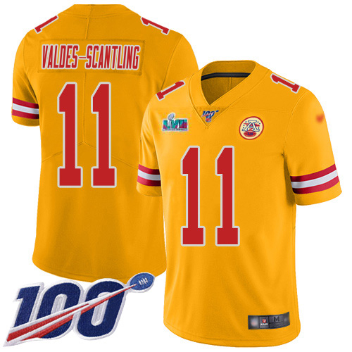 Chiefs #11 Marquez Valdes-Scantling Gold Super Bowl LVII Patch Youth Stitched Limited Inverted Legend 100th Season Jersey