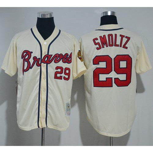 Mitchell And Ness Atlanta Braves #29 John Smoltz Cream Throwback Stitched Jersey Men's