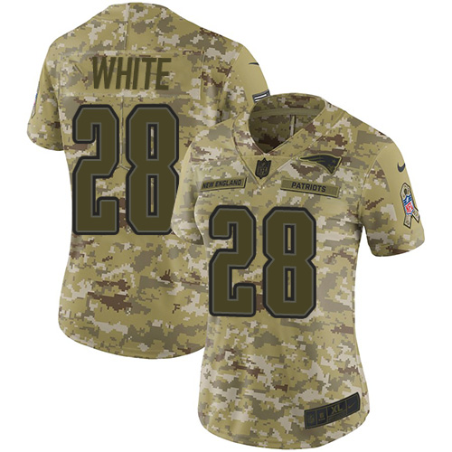 New England Patriots #28 James White Camo Women's Stitched Limited 2018 Salute to Service Jersey Womens