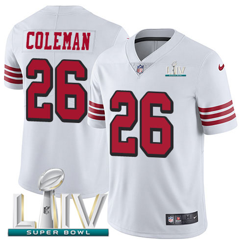 San Francisco 49ers #26 Tevin Coleman White Super Bowl LIV 2020 Rush Men's Stitched Vapor Untouchable Limited Jersey Men's