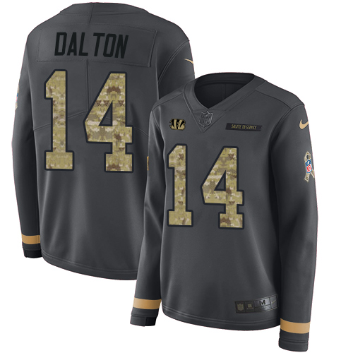 Cincinnati Bengals #14 Andy Dalton Anthracite Salute to Service Women's Stitched Limited Therma Long Sleeve Jersey Womens