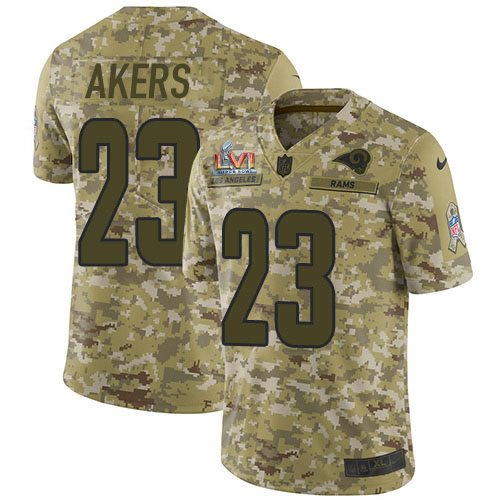 Los Angeles Rams #23 Cam Akers Camo Super Bowl LVI Patch Men's Stitched Limited 2018 Salute To Service Jersey Men's