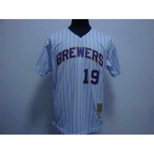 Mitchell and Ness Milwaukee Brewers #19 Robin Yount Stitched White Blue Strip Throwback Jersey Men's