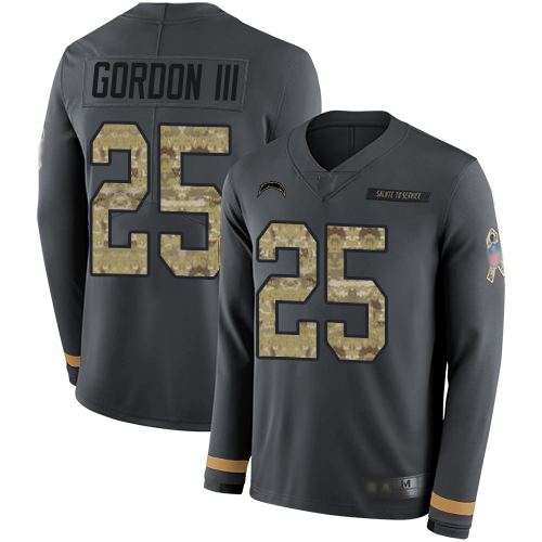 Los Angeles Chargers #25 Melvin Gordon III Anthracite Salute to Service Men's Stitched Limited Therma Long Sleeve Jersey Men's