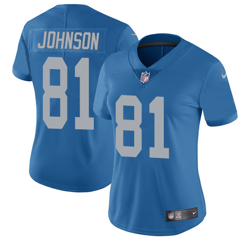 Detroit Lions #81 Calvin Johnson Blue Throwback Women's Stitched Vapor Untouchable Limited Jersey Womens