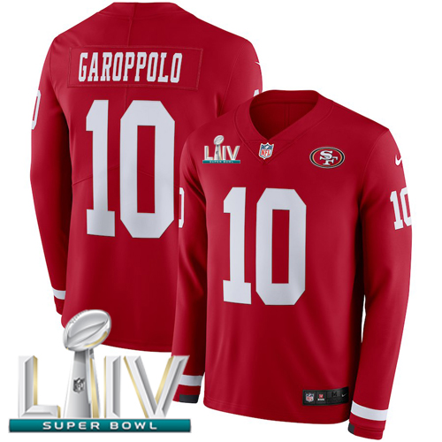 49ers #10 Jimmy Garoppolo Red Super Bowl LIV 2020 Team Color Youth Stitched Limited Therma Long Sleeve Jersey