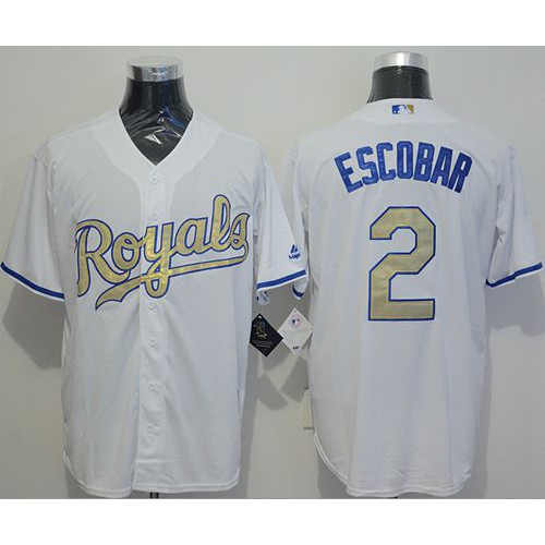 Kansas City Royals #2 Alcides Escobar White New Cool Base 2015 World Series Champions Gold Program Stitched Jersey Men's