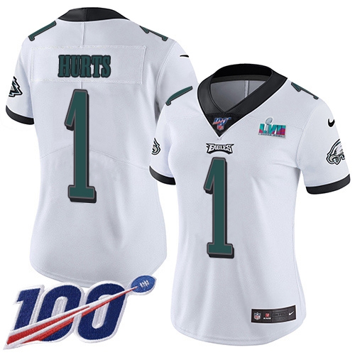 Eagles #1 Jalen Hurts White Super Bowl LVII Patch Women's Stitched 100th Season Vapor Limited Jersey