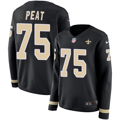 New Orleans Saints #75 Andrus Peat Black Team Color Women's Stitched Limited Therma Long Sleeve Jersey Womens
