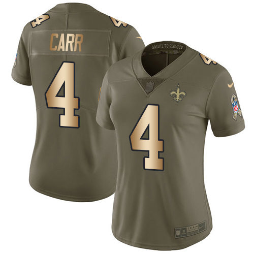 Saints #4 Derek Carr Olive/Gold Women's Stitched Limited 2017 Salute To Service Jersey