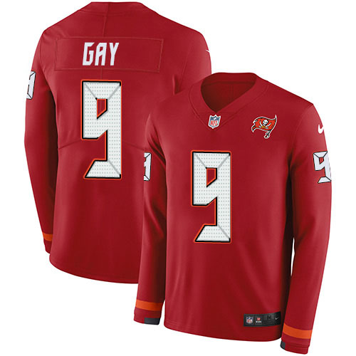 Tampa Bay Buccaneers #9 Matt Gay Red Team Color Men's Stitched Limited Therma Long Sleeve Jersey Men's