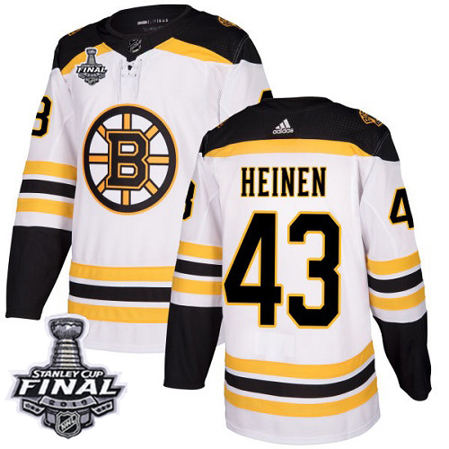 Adidas Boston Bruins #43 Danton Heinen White Road Authentic 2019 Stanley Cup Final Stitched Jersey Men's