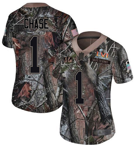 Bengals #1 Ja'Marr Chase Camo Super Bowl LVI Patch Women's Stitched Limited Rush Realtree Jersey