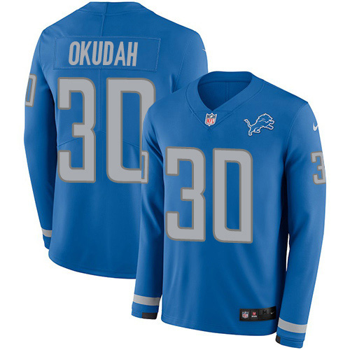 Detroit Lions #30 Jeff Okudah Blue Team Color Youth Stitched Limited Therma Long Sleeve Jersey Youth