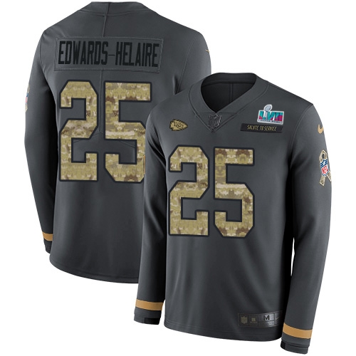 Chiefs #25 Clyde Edwards-Helaire Anthracite Super Bowl LVII Patch Salute To Service Youth Stitched Limited Therma Long Sleeve Jersey