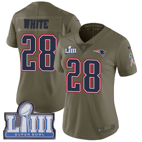 New England Patriots #28 James White Olive Super Bowl LIII Bound Women's Stitched Limited 2017 Salute to Service Jersey Womens