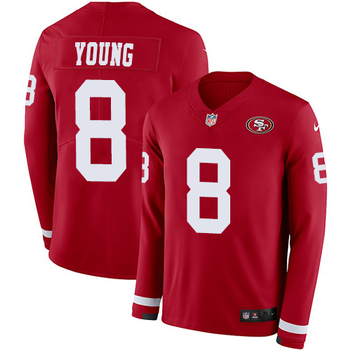 49ers #8 Steve Young Red Team Color Men's Stitched Limited Therma Long Sleeve Jersey