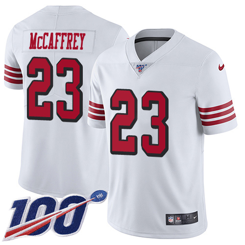 49ers #23 Christian McCaffrey White Rush Men's Stitched Limited 100th Season Jersey