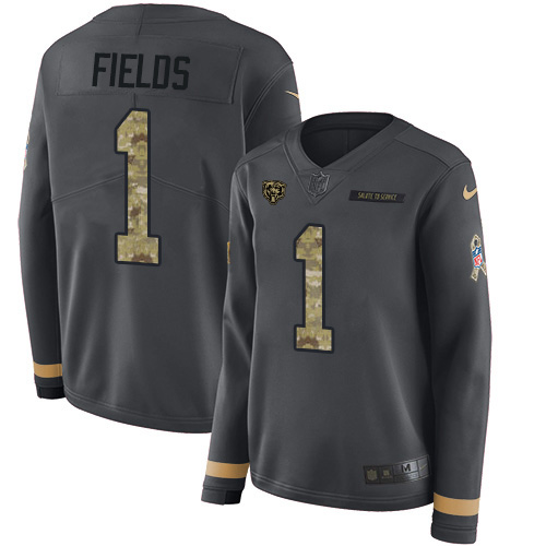 Bears #1 Justin Fields Anthracite Salute To Service Women's Stitched Limited Therma Long Sleeve Jersey