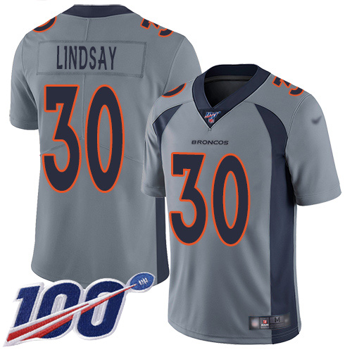 Denver Broncos #30 Phillip Lindsay Gray Men's Stitched Limited Inverted Legend 100th Season Jersey Men's