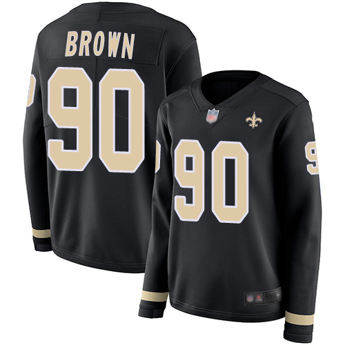New Orleans Saints #90 Malcom Brown Black Team Color Women's Stitched Limited Therma Long Sleeve Jersey Womens