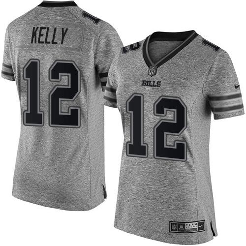 Bills #12 Jim Kelly Gray Women's Stitched Limited Gridiron Gray Jersey