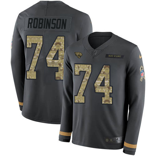 Jacksonville Jaguars #74 Cam Robinson Anthracite Salute to Service Men's Stitched Limited Therma Long Sleeve Jersey Men's