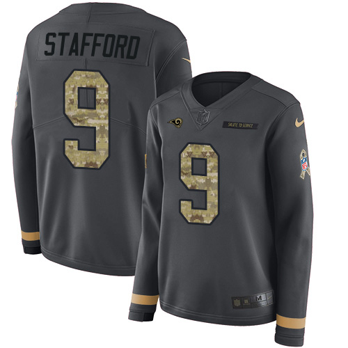 Los Angeles Rams #9 Matthew Stafford Anthracite Salute To Service Women's Stitched Limited Therma Long Sleeve Jersey