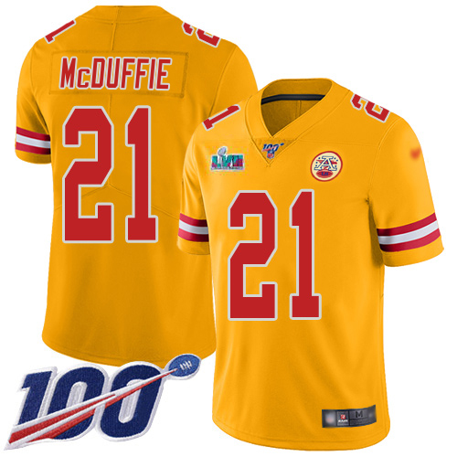 Chiefs #21 Trent McDuffie Gold Super Bowl LVII Patch Youth Stitched Limited Inverted Legend 100th Season Jersey