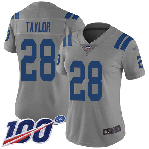 Colts #28 Jonathan Taylor Gray Women's Stitched Limited Inverted Legend 100th Season Jersey