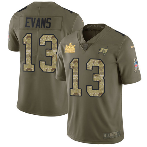 Buccaneers #13 Mike Evans Olive/Camo Men's Super Bowl LV Champions Patch Stitched Limited 2017 Salute To Service Jersey