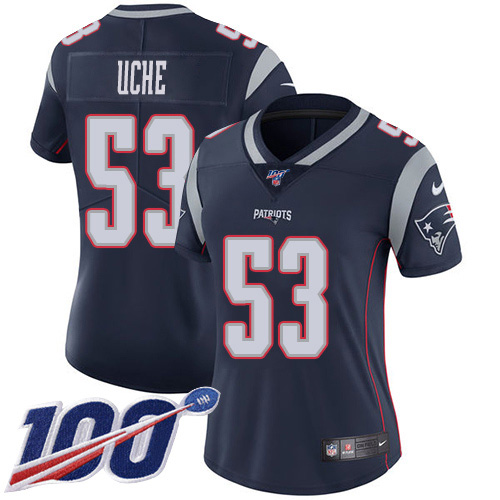 New England Patriots #53 Josh Uche Navy Blue Team Color Women's Stitched 100th Season Vapor Untouchable Limited Jersey Womens