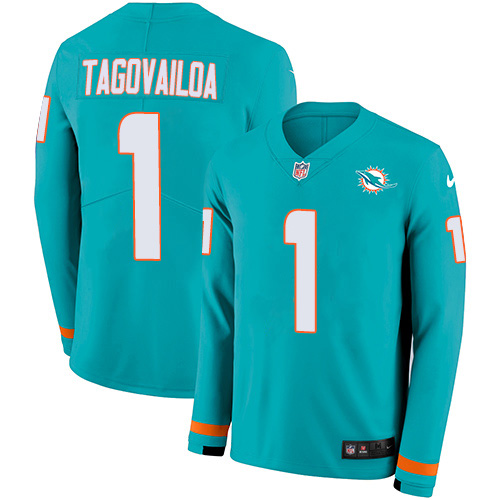 Dolphins #1 Tua Tagovailoa Aqua Green Team Color Men's Stitched Limited Therma Long Sleeve Jersey