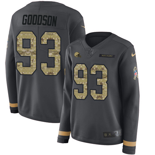 Cleveland Browns #93 B.J. Goodson Anthracite Salute to Service Women's Stitched Limited Therma Long Sleeve Jersey Womens