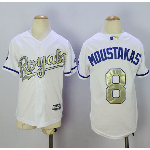 Kansas City Royals #8 Mike Moustakas White 2015 World Series Champions Gold Program Cool Base Stitched Youth Jersey Youth