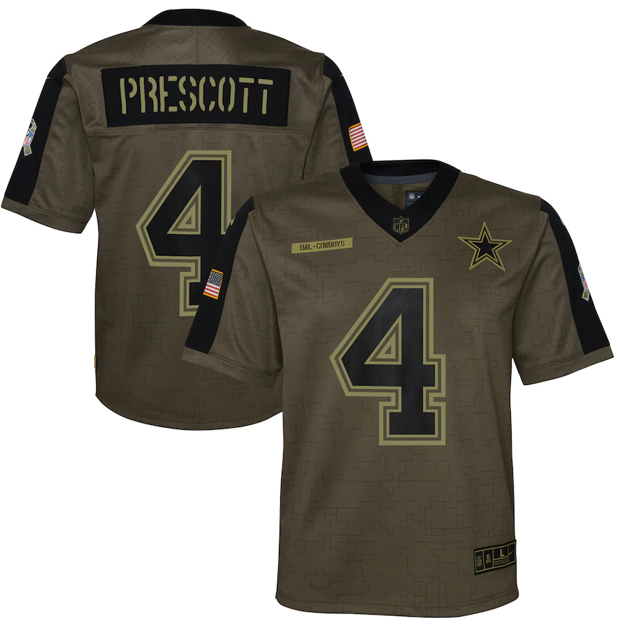 Dallas Cowboys #4 Dak Prescott Olive Youth 2021 Salute To Service Game Jersey