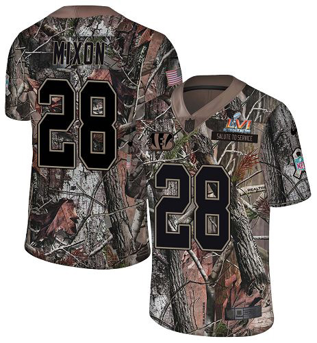 Bengals #28 Joe Mixon Camo Super Bowl LVI Patch Men's Stitched Limited Rush Realtree Jersey