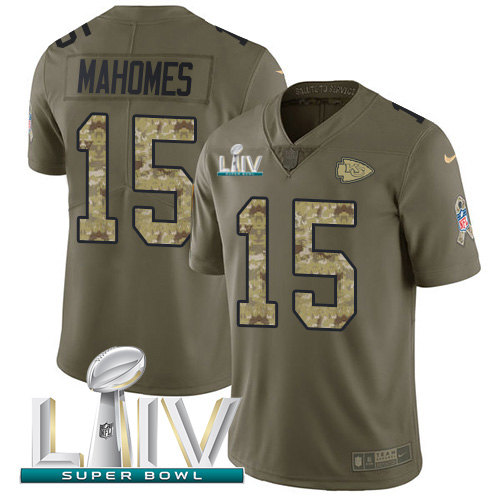 Chiefs #15 Patrick Mahomes Olive/Camo Super Bowl LIV 2020 Men's Stitched Limited 2017 Salute To Service Jersey
