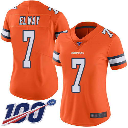 Broncos #7 John Elway Orange Women's Stitched Limited Rush 100th Season Jersey