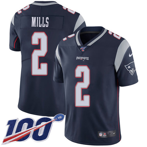 Patriots #2 Jalen Mills Navy Blue Team Color Youth Stitched 100th Season Vapor Limited Jersey