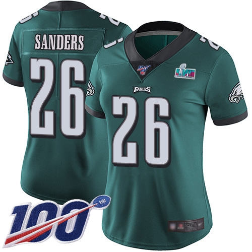 Eagles #26 Miles Sanders Green Team Color Super Bowl LVII Patch Women's Stitched 100th Season Vapor Limited Jersey