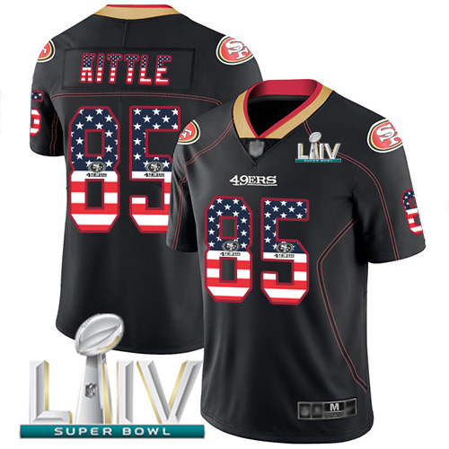 49ers #85 George Kittle Black Super Bowl LIV 2020 Men's Stitched Limited Rush USA Flag Jersey