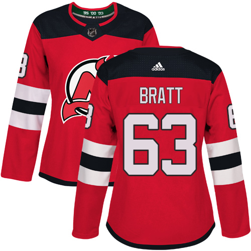 Adidas New Jersey Devils #63 Jesper Bratt Red Home Authentic Women's Stitched Jersey Womens