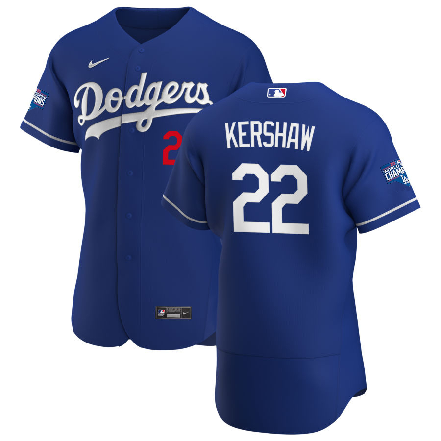 Los Angeles Dodgers #22 Clayton Kershaw Men's Royal Alternate 2020 World Series Champions Authentic Player Jersey