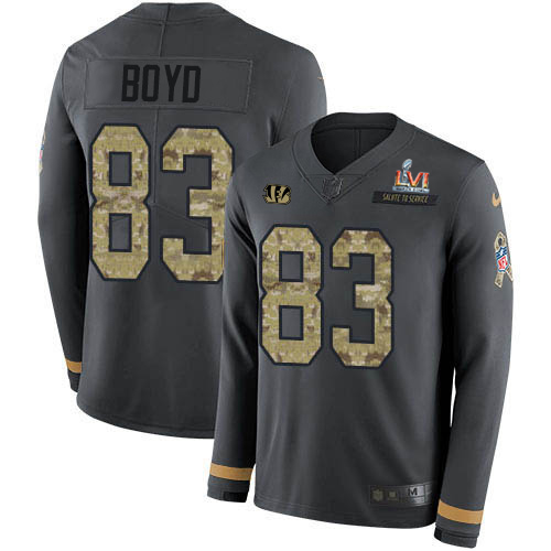 Bengals #83 Tyler Boyd Anthracite Super Bowl LVI Patch Salute To Service Youth Stitched Limited Therma Long Sleeve Jersey